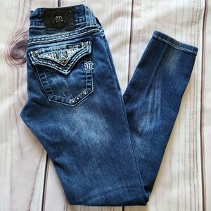 Miss Me "JE5440S2R Skinny" Low Rise Blue Jeans Y2K Bling Retro | Women's Size 27